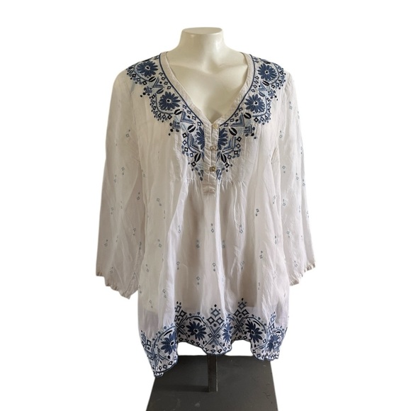 J.Jill White Blue Embroidered Boho Sheer Tunic Top Women’s S - Picture 13 of 13